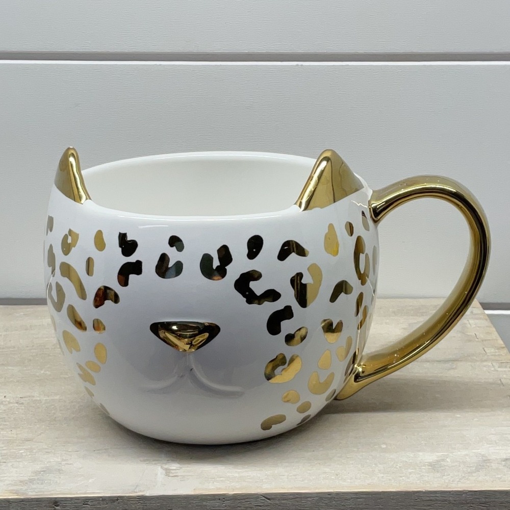 Pinky Up White Gold Leopard Print Cat Face Ceramic Coffee Mug with Gold Handle